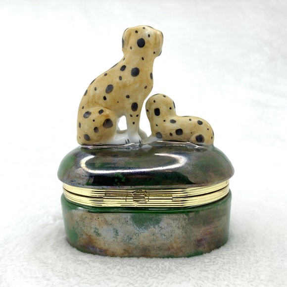 Vintage Fitz and Floyd Spotted Dalmatian Dogs Trinket Box Green Porcelain 1985 - Picture 3 of 11